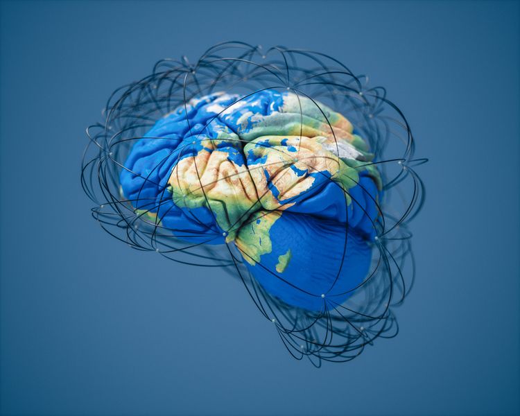 A globe in the shape of a brain, surrounded by wires