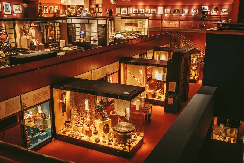 Showcases, art and museum displays at the Oriental Museum over three levels