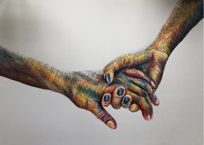 Two hands are clasped together in the centre of the image; the forearms are also visible. Both hands and arms are coloured in muted rainbow colours, quotes are written over the top of the arms and hands.