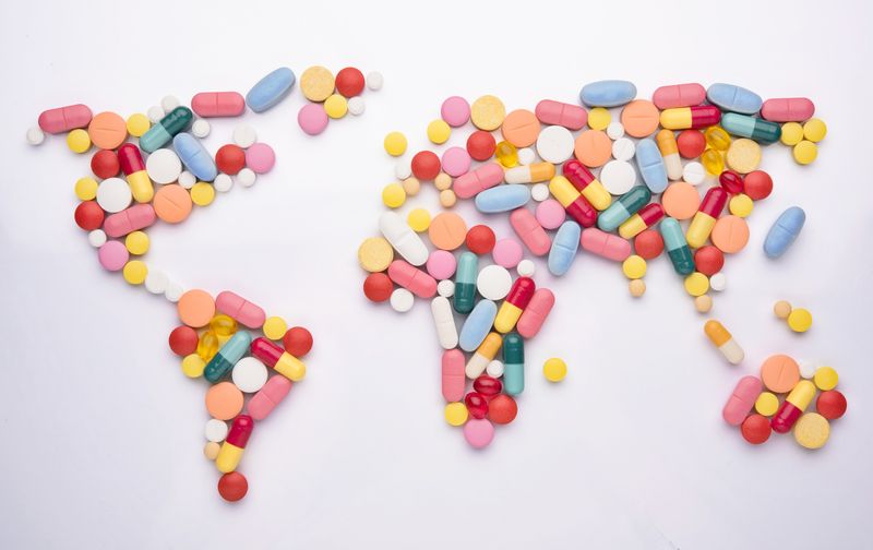 A map of the world made out of coloured pills
