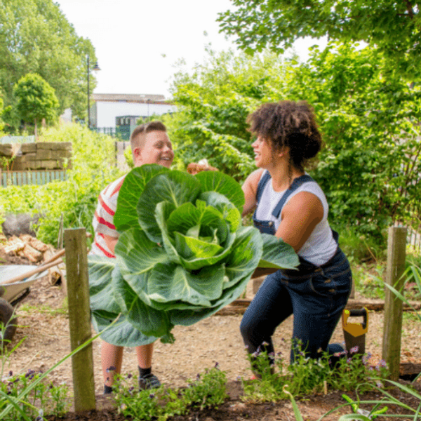 Young boy in garden with woman holding a giant cabbage