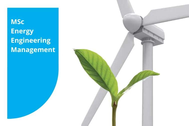 Brochure cover for Energy Engineering Management with green sprouting leaf and wind turbine