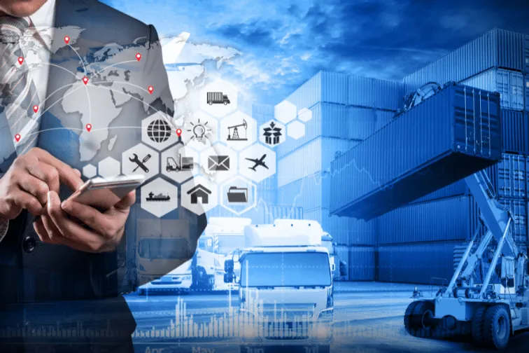 A digital illustration of supply chain logistics icons with a business man in the background