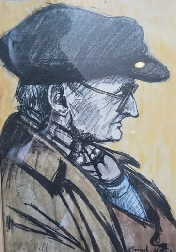 A sketch of a man’s face, front on, in black ink. He is wearing a flat cap.