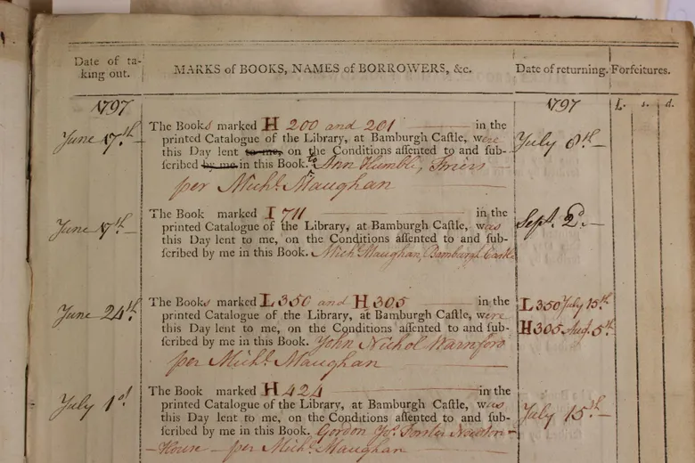 The top half of the first page of the Bamburgh Library borrower register. Although the library was given to the Lord Crewe Trustees in 1792, it did not formally open until June 1797 (DUL Bamburgh MS B1, folio 1). Reproduced with permission of the Lord Crewe’s Trustees (TBC)