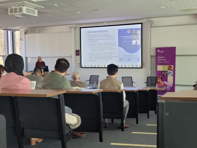 A speaker summarises recommendations that were made at the Fixing our Climate: The Bangladesh Perspective event