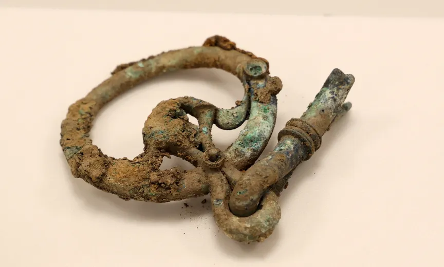 One of the artefacts from the Melsonby Hoard - a cheek-ring and mouthpiece fragment from an Iron Age bridle bit.