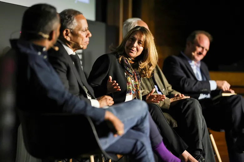 Panel of journalists onstage at the Sir Harry Evans Summit