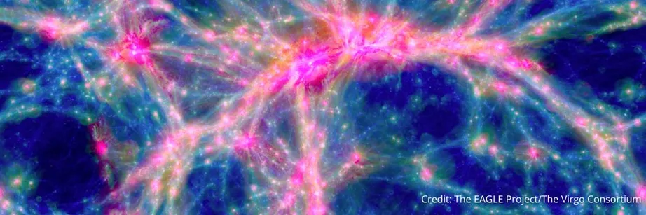 A computer simulation of the universe showing the web-like structure in pink against a blue background.