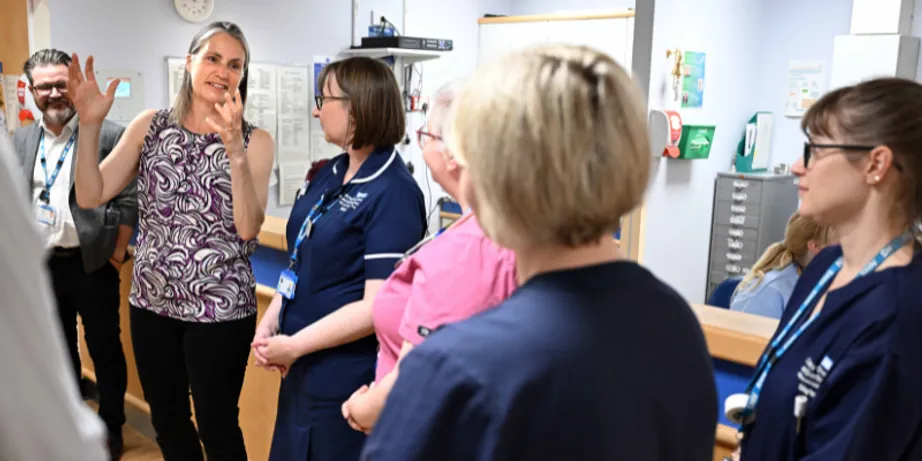 Chancellor Dr Fiona Hill speaking to Frailty Ward staff at Bishop Auckland Hospital