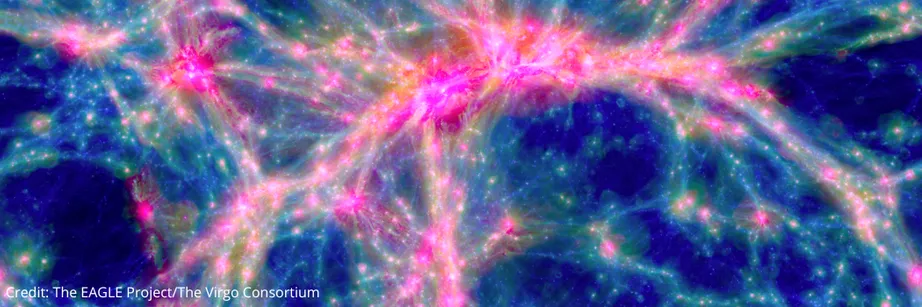A simulations of the cosmic web of the Universe in blue and pink colours. The pink represents the cosmic web.