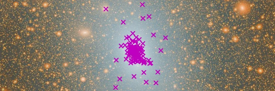 A simulation showing a bright white galaxy at the centre, surrounded by fainter galaxies, against a black backdrop. The new predicted Milky Way “orphan satellite” galaxies are marked with an 'x' symbol.