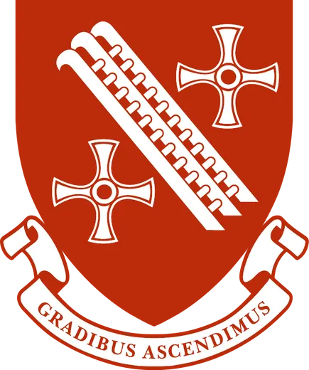 Red crest with the slogan 