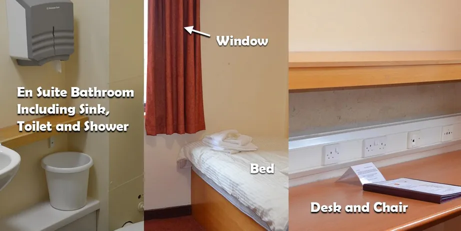 3 portrait images showing elements of a student bedroom including an en-suite bathroom, bed and desk