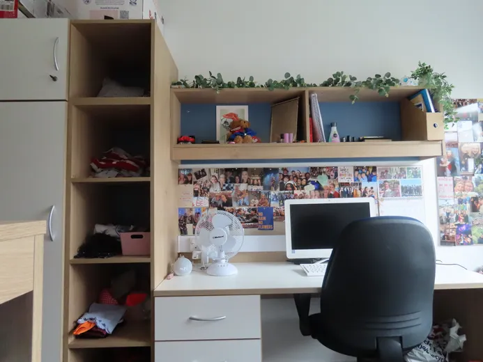 Student desk and storage in one of our flats.
