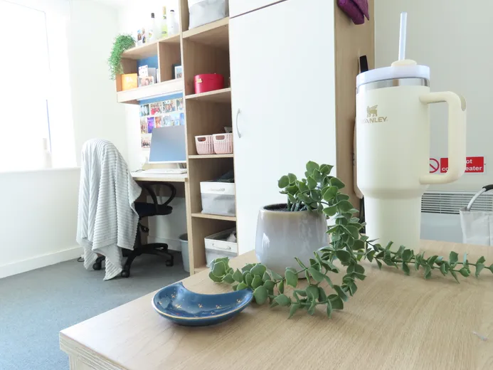 A view of desk and wardrobe in a student bedroom.