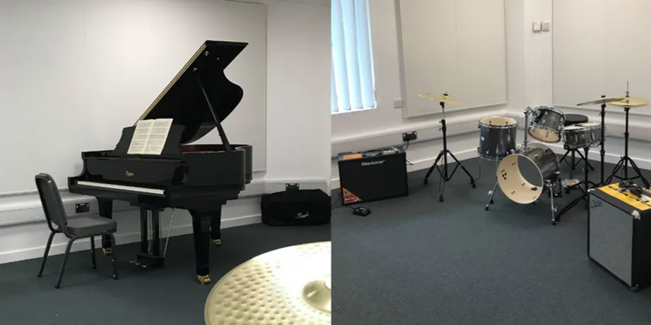 Piano and drum kit set up in practice room