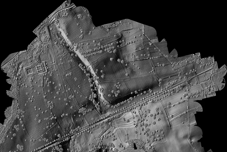 A LiDAR image showing archaeological features and ridge and furrow