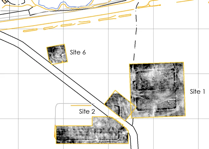 a greyscale map of earth-electrical resistance data from the site of Roman marching camps on Hadrians Wall showing buried archaeological features