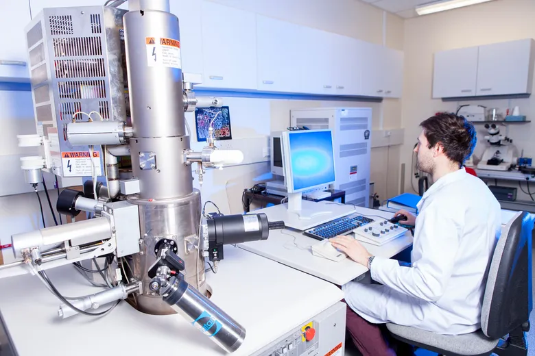 Student using scanning electron microscope