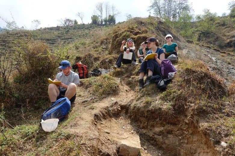 Students working on a landslide in the Chaku Khola, Nepal, March 2019