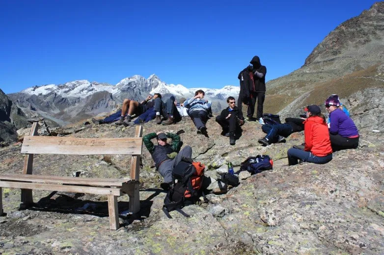 Students at the memorial bench for Yvonne Bams above the Upper Arolla Glacier, Switzerland, Sept 2012