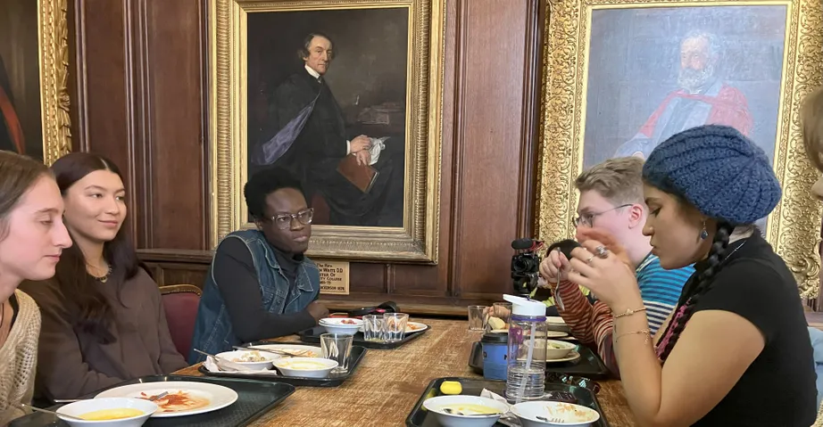 Meeting with the ‘Music Team’ over lunch at Castle Great Hall:   Lewis Wilkinson (Music Durham), Brooke Christiansen (president DUPO), Aysha Kojima (composer), Hannah Foster (Music editor Indigo), Michael Kohn (conductor DUPO) and others.