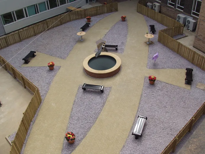 Aerial view of the quad, with the Journey sculpture hanging above its pond