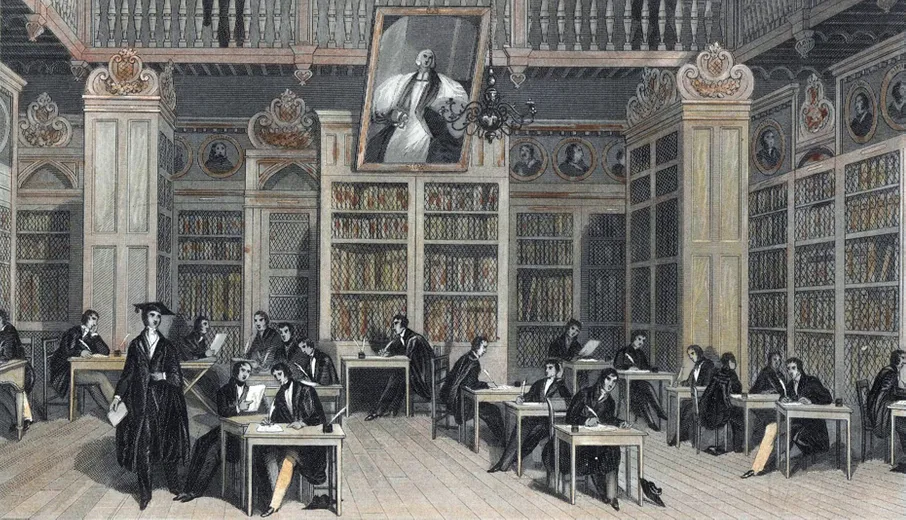Illustration of male students studying in the library of Durham University in 1832