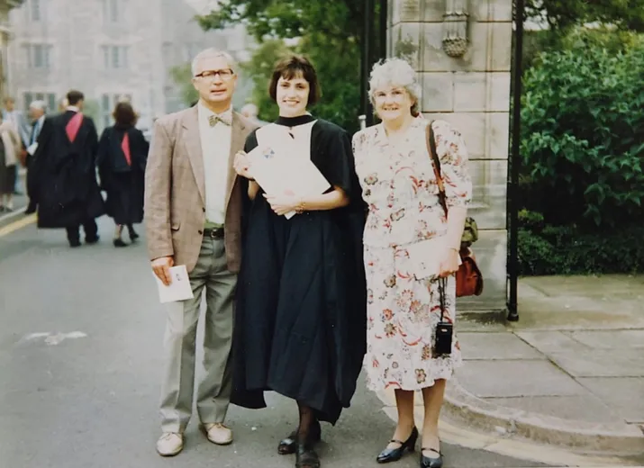 Dr Fiona Hill at her graduation with her parents