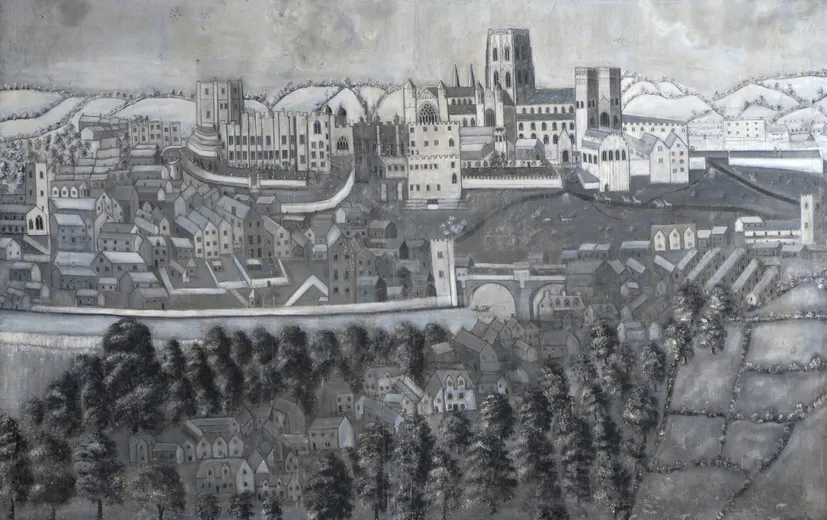 A 17th century painting of Durham featuring the cathedral and castle