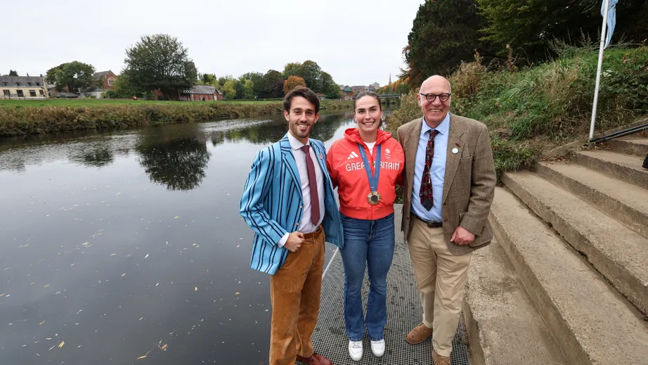 (left to right) Dominic Exworthy, President of Hild Bede Boat Club, Lauren Irwin, and Simon Forrest, Principal of the College of St Hild and St Bede