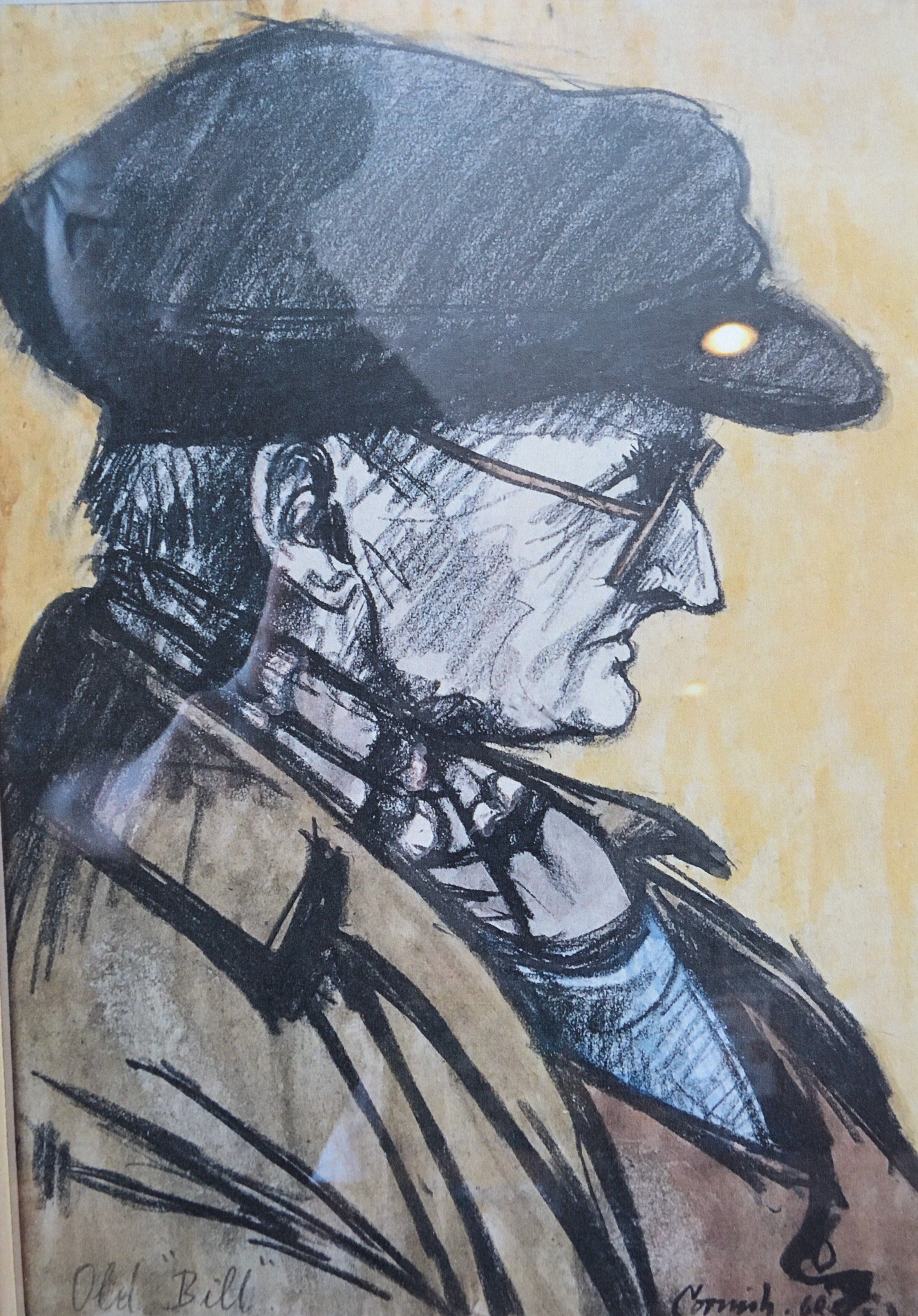 A sketch of a man’s face, front on, in black ink. He is wearing a flat cap.