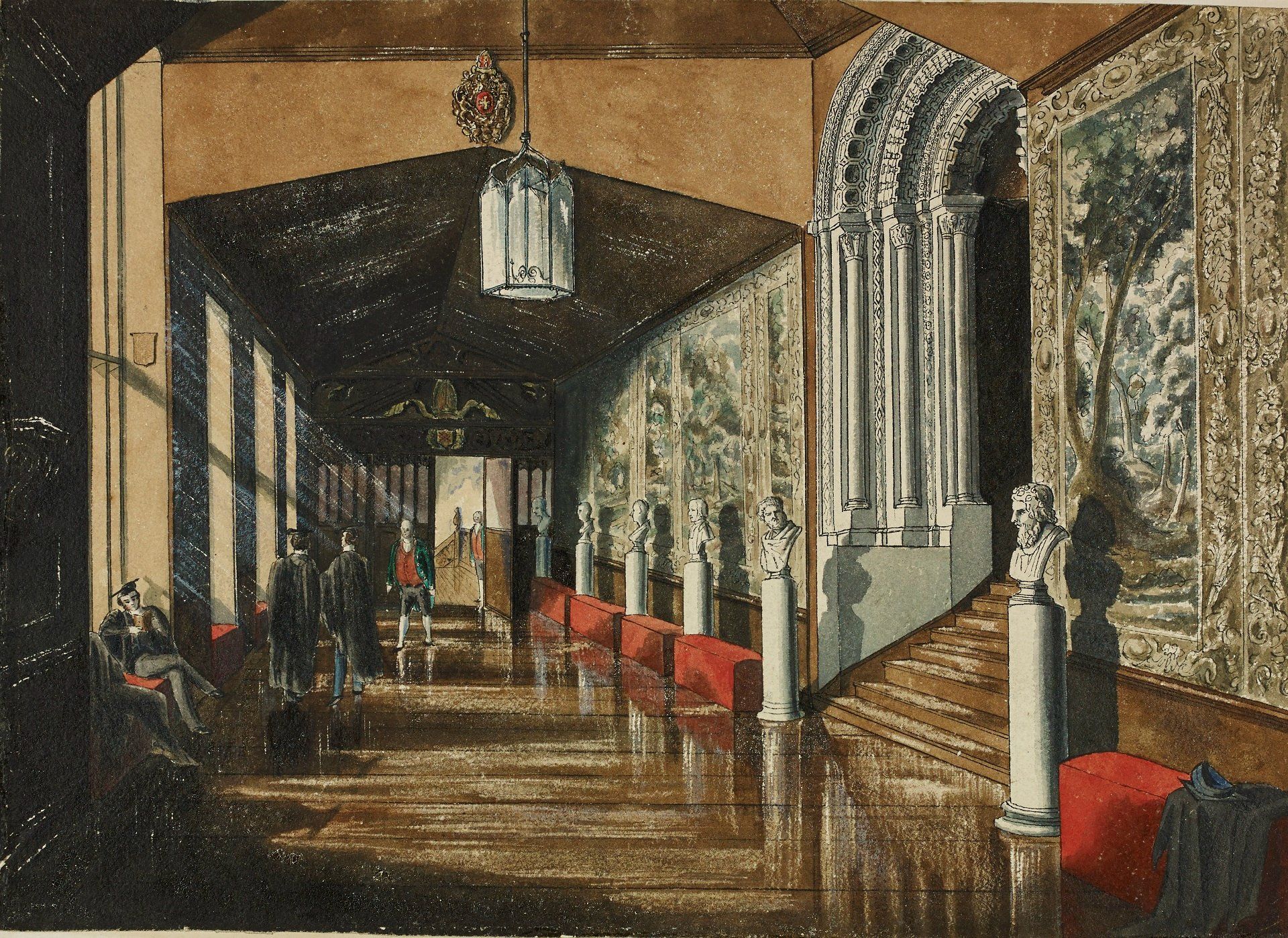 A watercolour showing the Tunstall Gallery in the Victorian period. On the right are busts and tapestries and the Norman Arch and on the left students walking up and down the gallery.