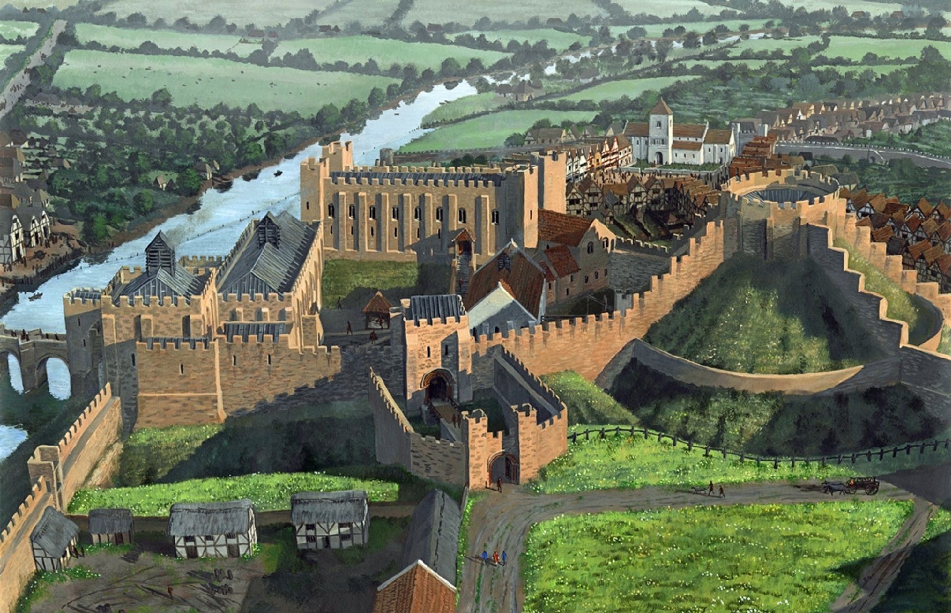 A 12th century reconstruction drawing by Dominic Andrews. The reconstruction drawing features the North Hall, Keep, Gatehouse and Norman Chapel.