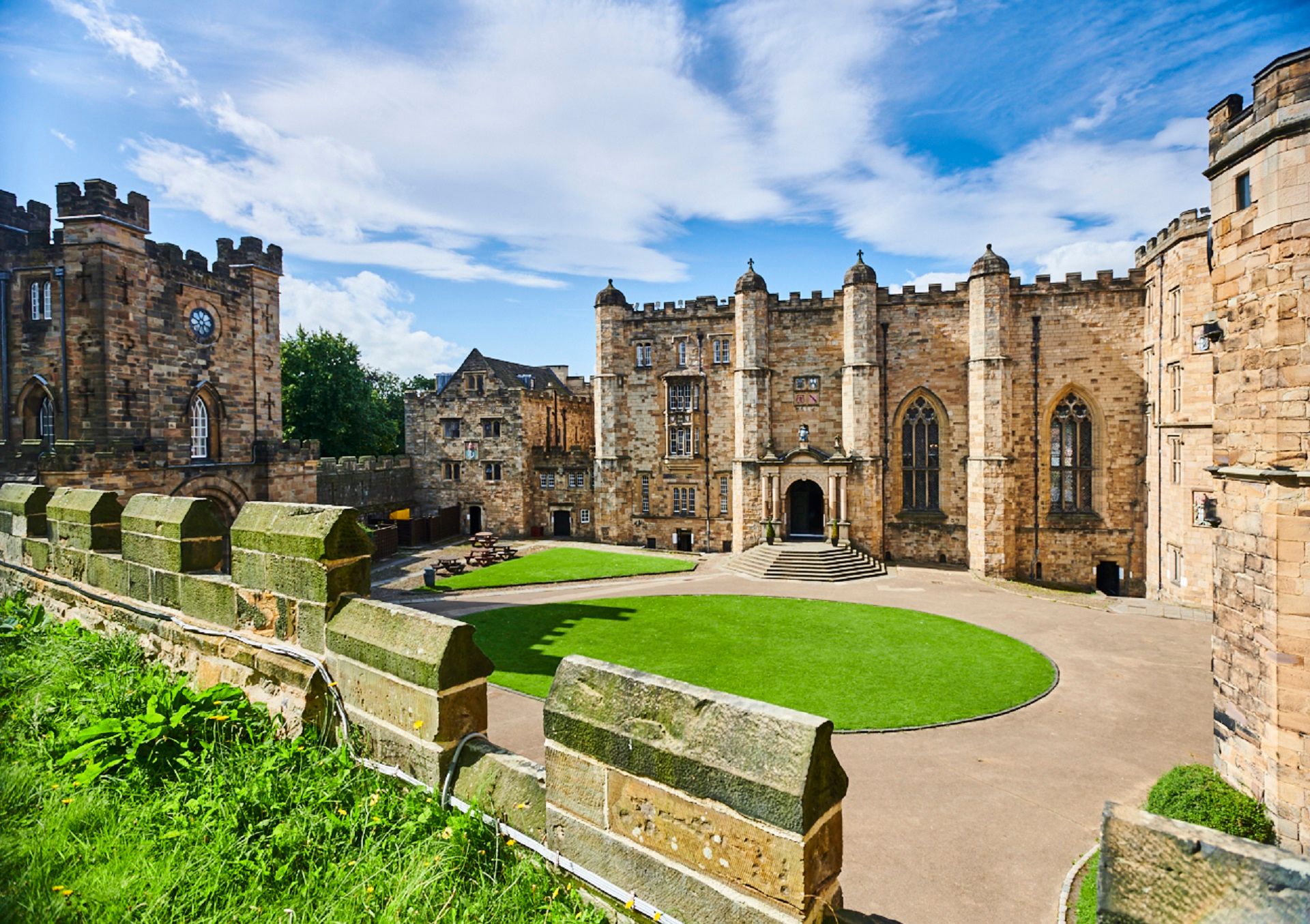 Photograph of Durham Castle taken from the Keep looking towards the Great Hall and the Gatehouse.