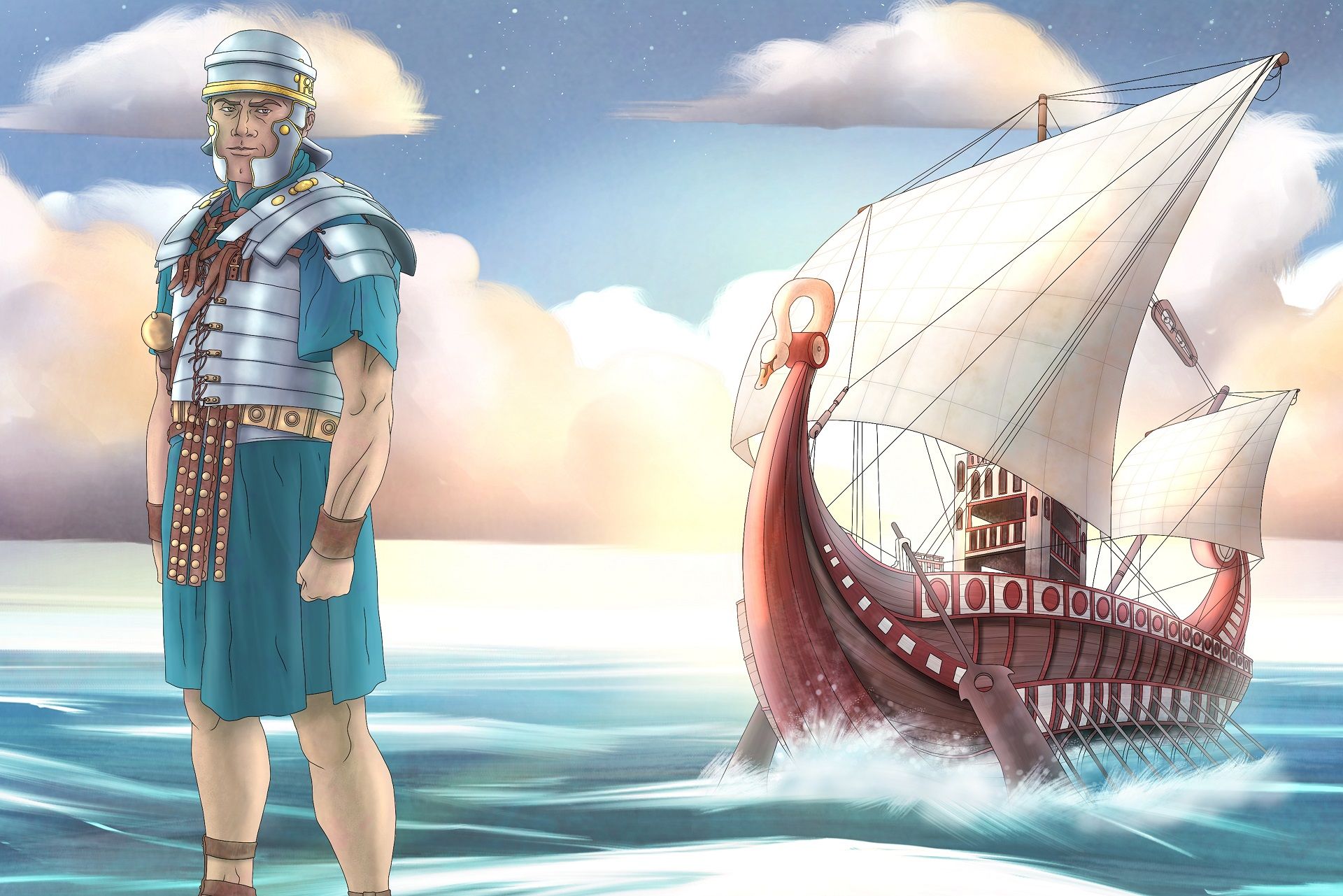 A graphic drawing on a Roman sailor, with a ship on the sea in the background.