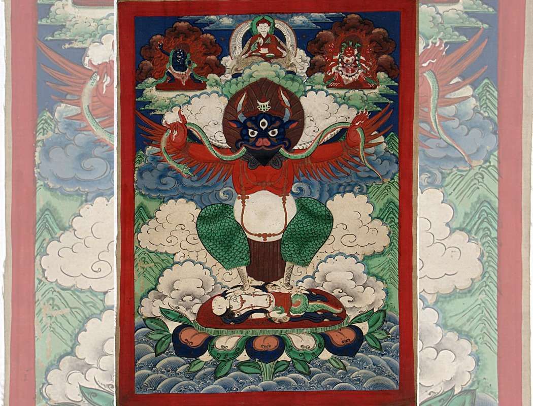 Tibetan thangka decorated with the figure of Garuda, the king of birds