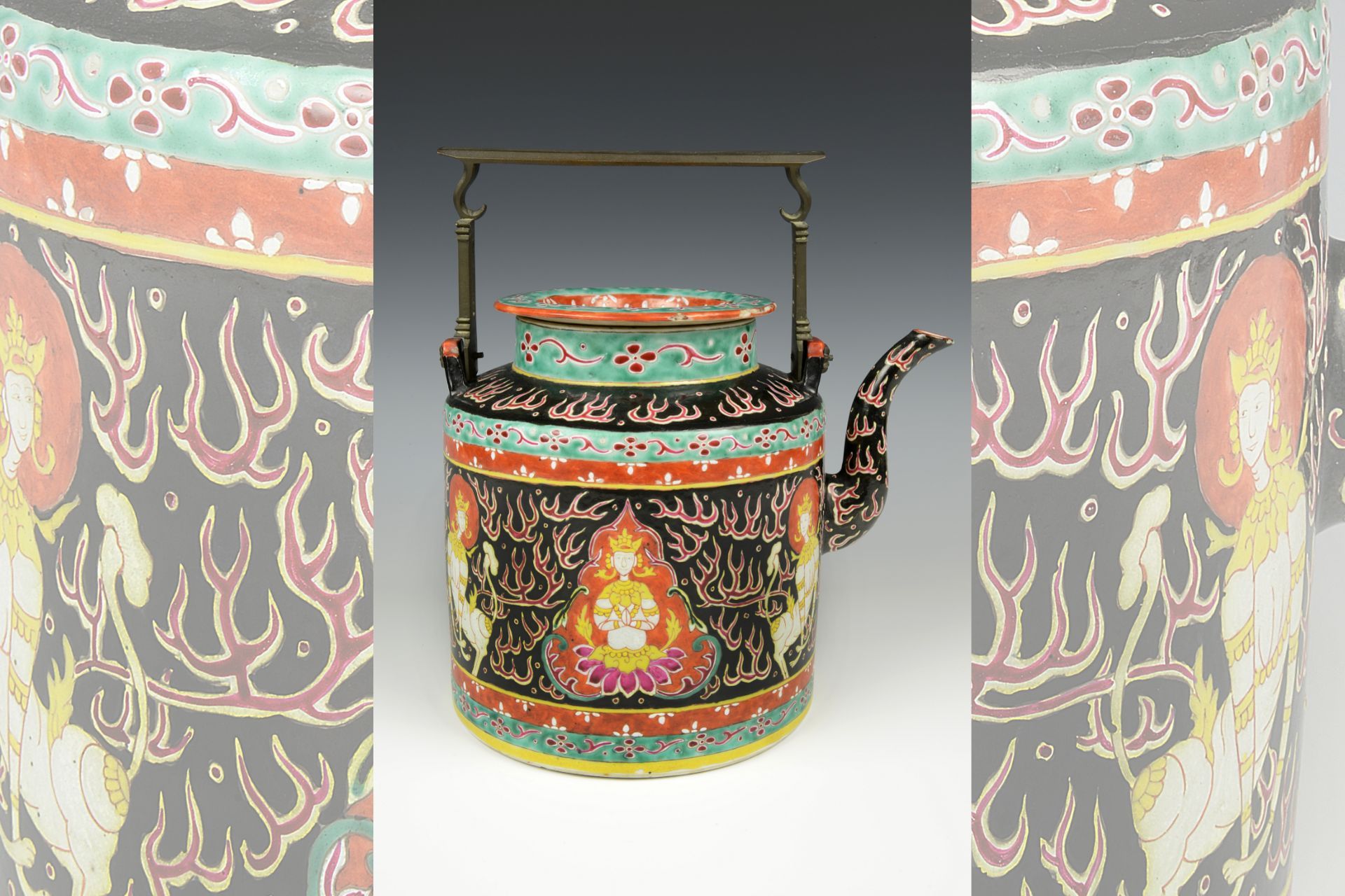 Bencharong ware tea pot once owned by the Thai and Cambodian royal families, 1850-1900