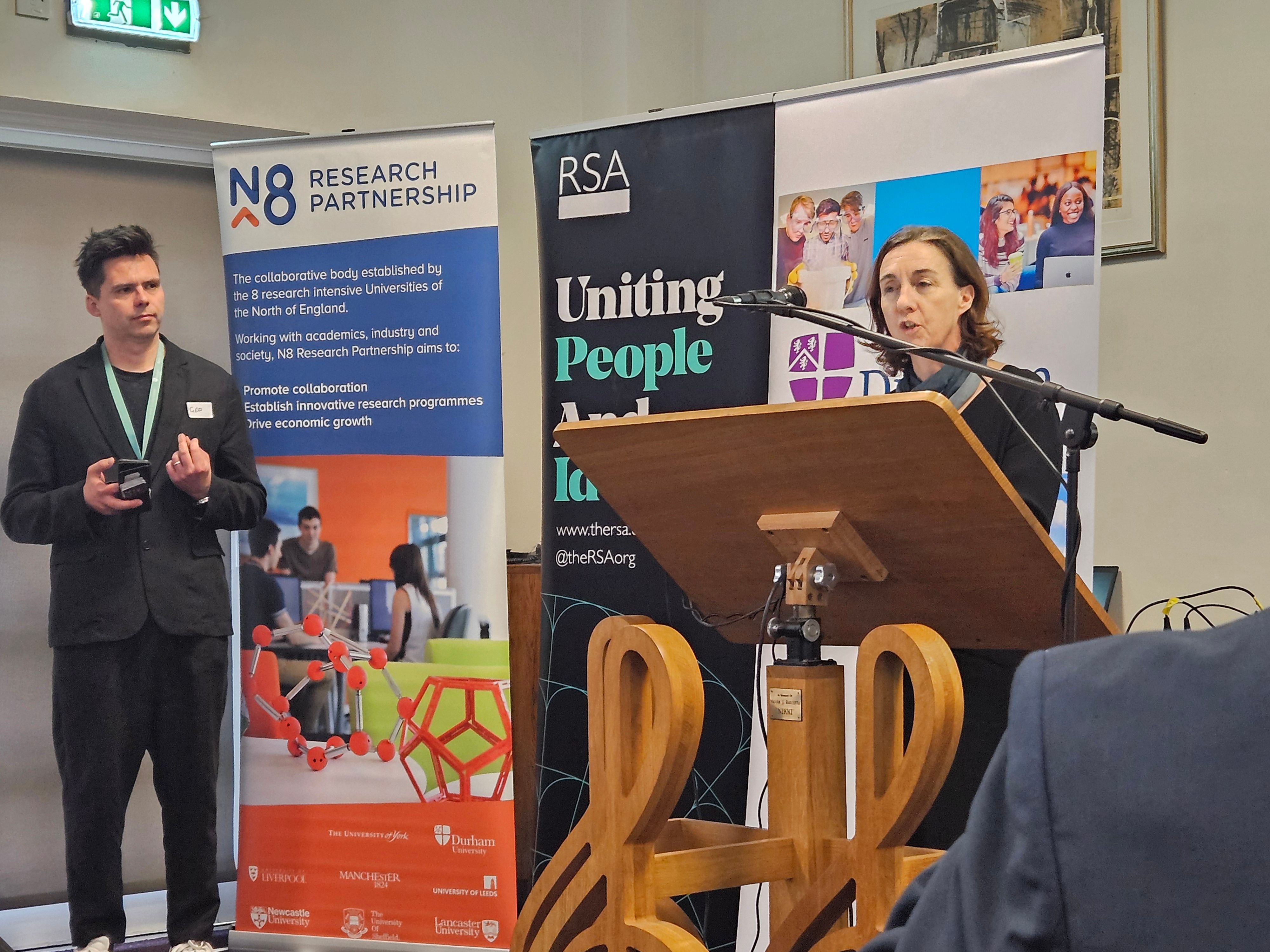 Ged Matthews and Prof Janet Stewart introduce speakers at the UP North Ideas Forum