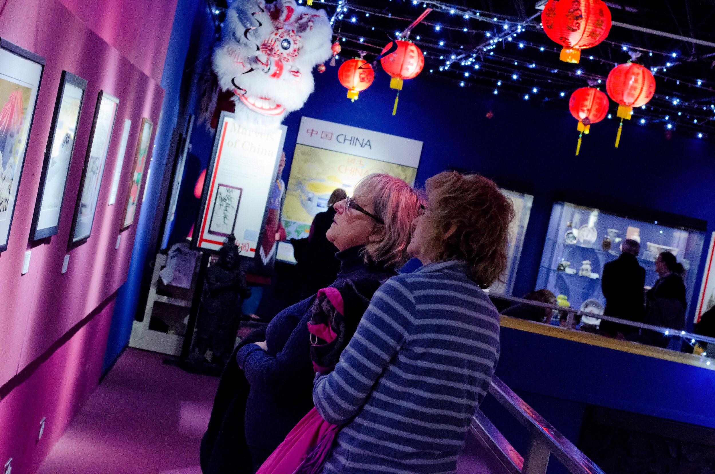 Visitors studying an exhibition in the Chinese wing of the museum.
