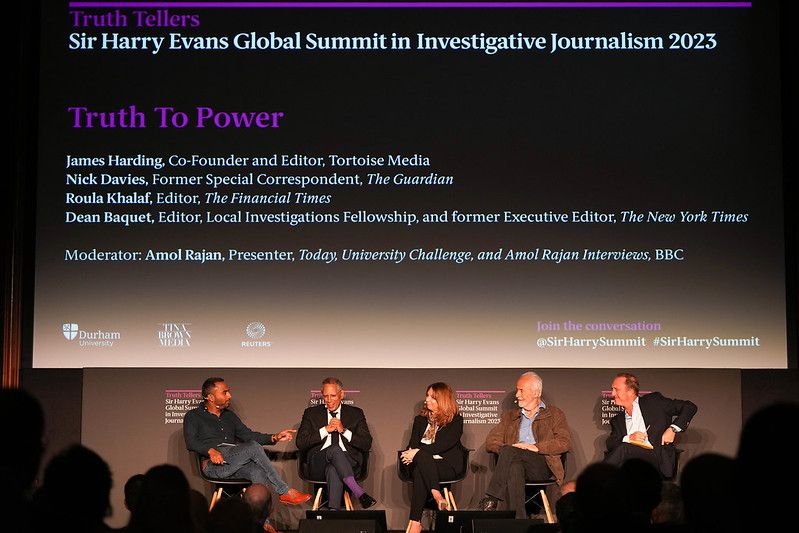 A panel of journalists on stage at the Sir Harry Evans Summit