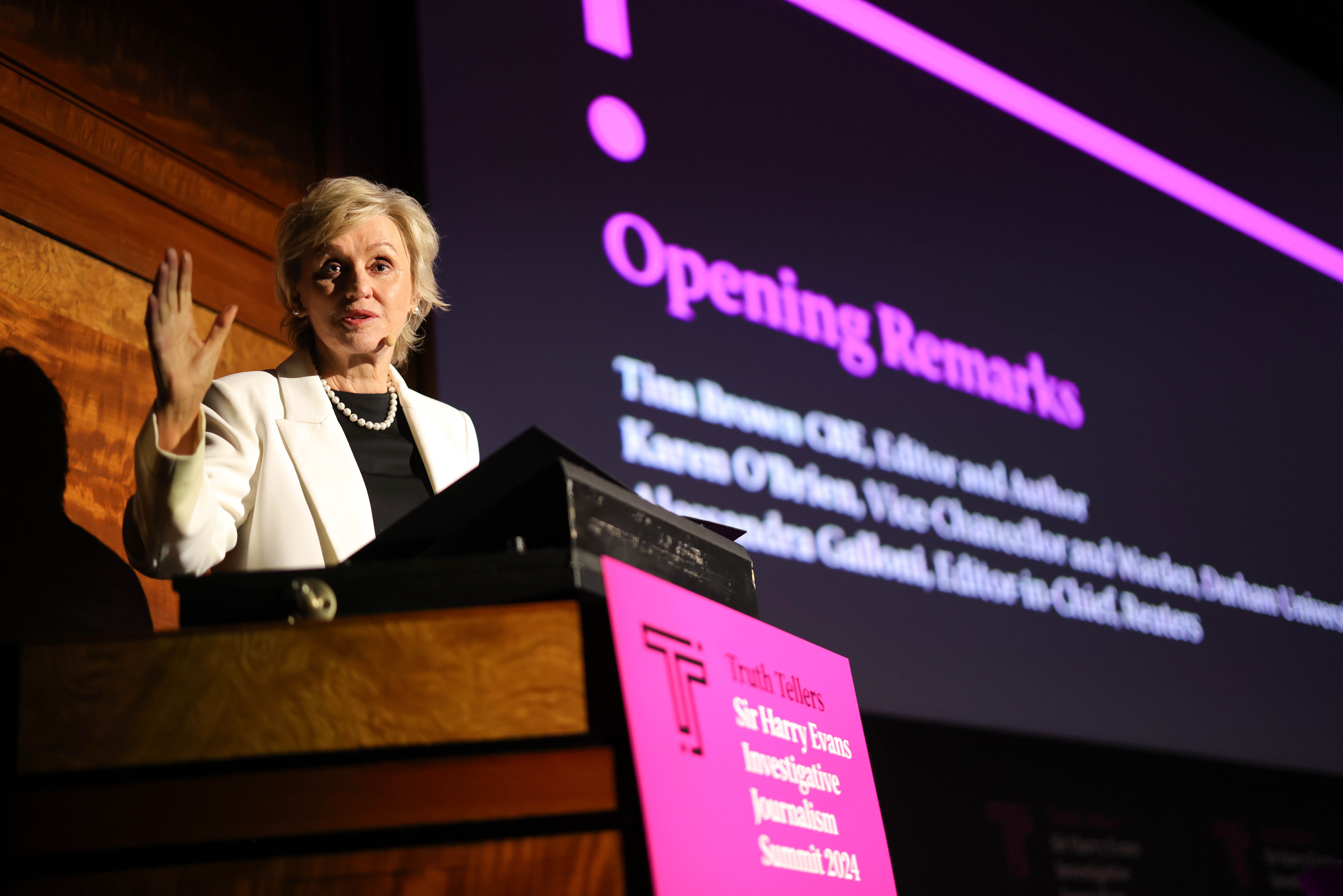 Slideshow 1 of 16. Tina Brown CBE Opening address at the Sir Harry Evans Truth Tellers Summit 2024