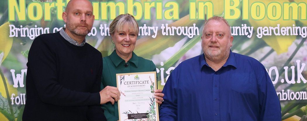 Botanic Garden Gold winner Northumbria in Bloom 2024, Peter Thomson and David Profit accepting NiB Gold Award