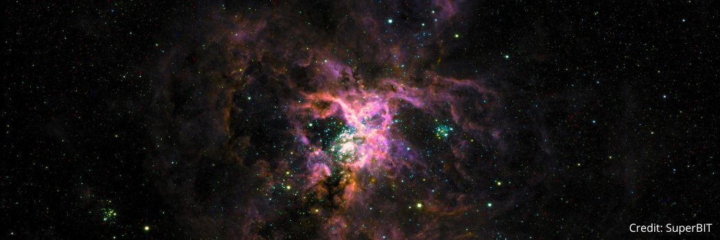A starry background with the Tarantula Nebula at its centre