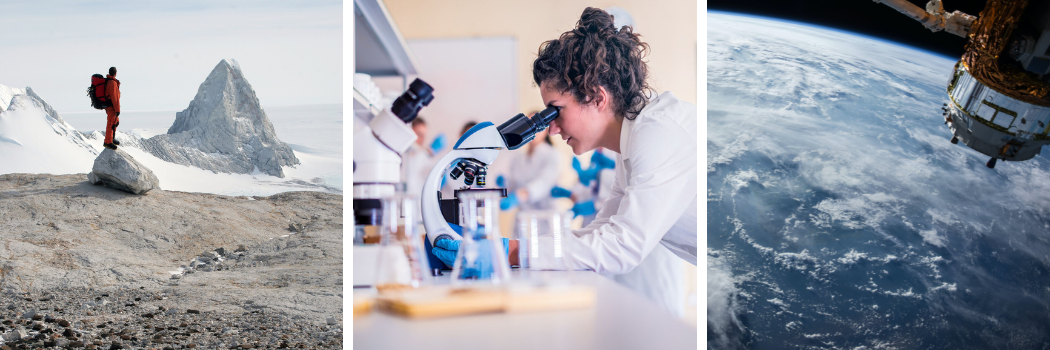 A montage of research including a scientist looking through a microscope, a satellite orbiting earth and a man on a mountain