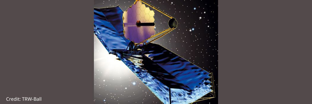 Artist's impression of the James Webb Space Telescope with black and blue solar panels and a gold dish against a background of stars