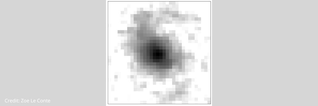 A pixelated image of a spiral galaxy with a black centre and grey spiral against a white background.