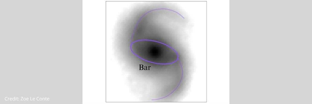 A spiral galaxy with a black centre and grey spiral against a white background. The galaxy's bar of star bar can is shown as a purple line around the centre and travelling outwards through the spiral arms.