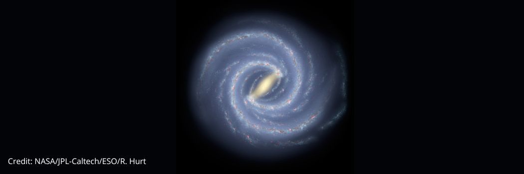 Artist's impression of the Milky Way galaxy with a bright yellow centre and white spiral arms against a black background.